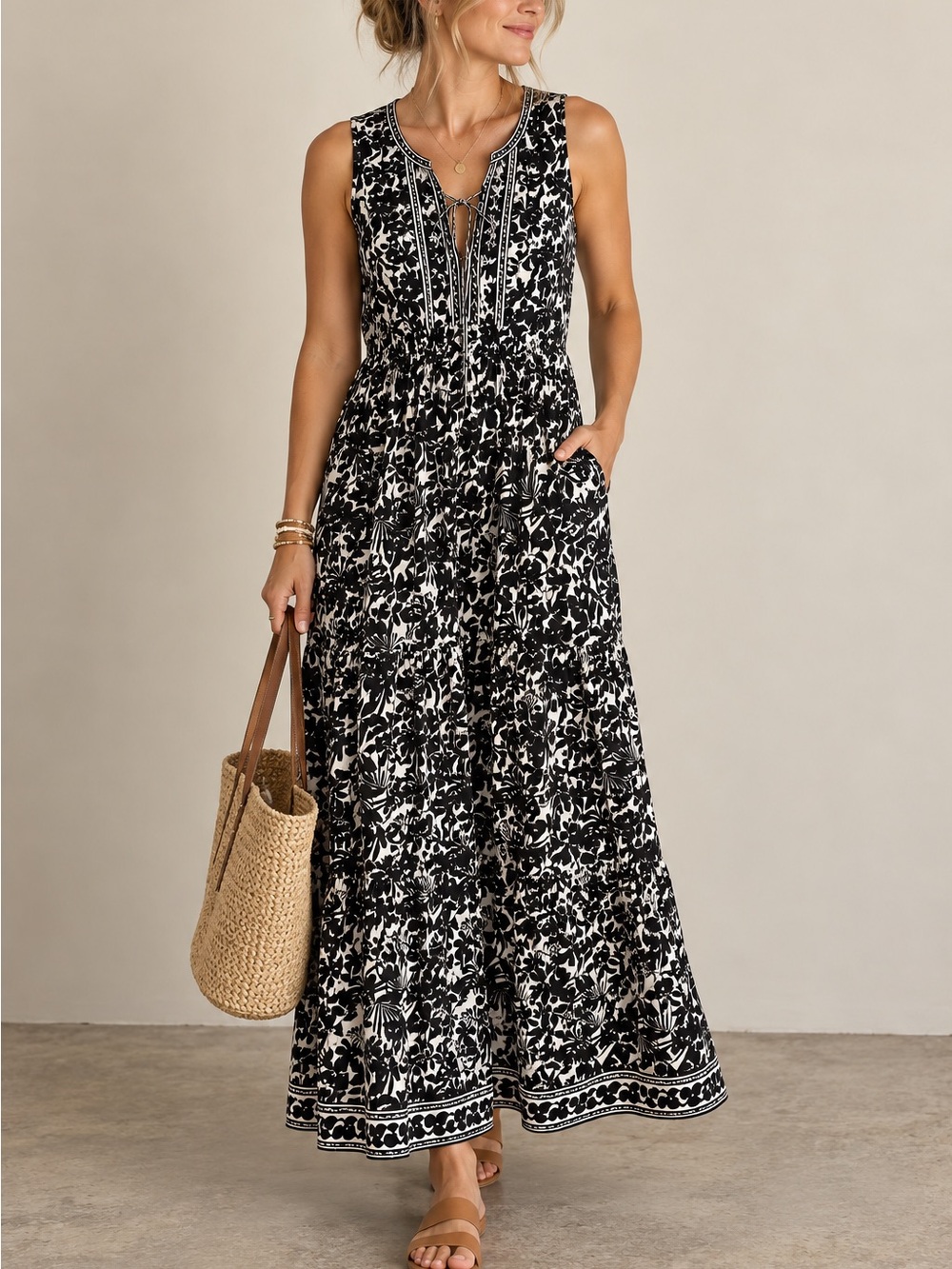 Max Studio Black & White Tiered Floral Maxi Dress